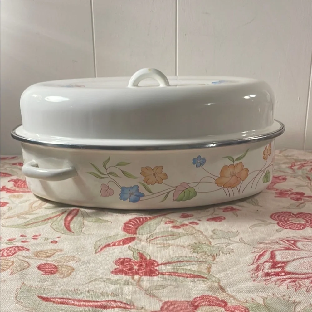 JMP Vtg Sweet Flowers Blue Pink Enamel Cover Cookware Roasting Pan